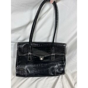 Liz Claiborne Black Crocodile Embossed Patent Shoulder Bag Silver Hardware‎ Zip